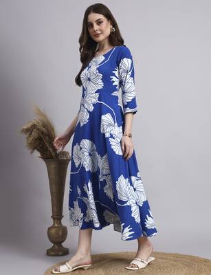 Women blue floral rayon dress 2