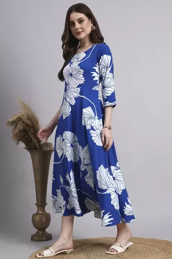 Women blue floral rayon dress