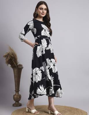 Women black floral rayon dress 3