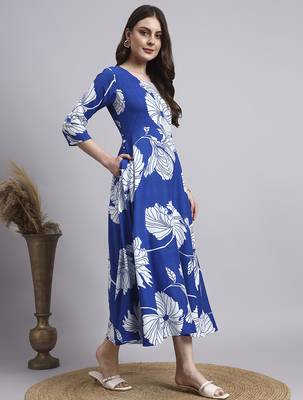 Women blue floral rayon dress 3