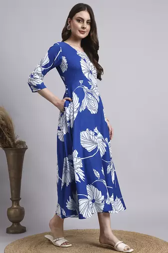Women blue floral rayon dress