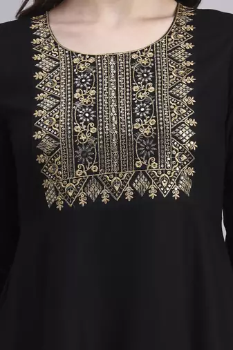Women black embroidery rayon dress