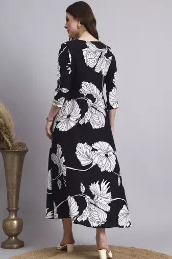 Women black floral rayon dress