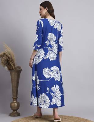 Women blue floral rayon dress 4