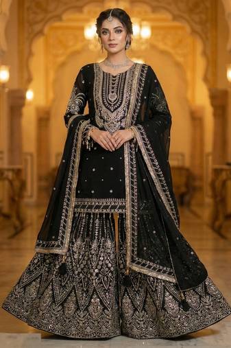 Black faux georgette readymade sharara salwar suit collection
