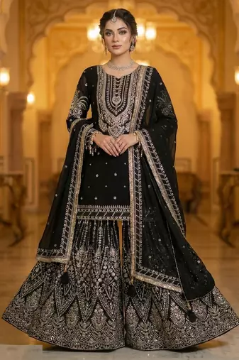 Black faux georgette readymade sharara salwar suit collection