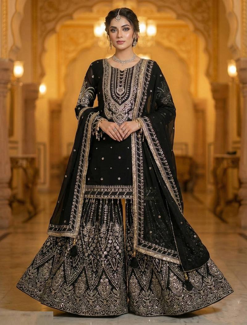 Black faux georgette readymade sharara salwar suit collection