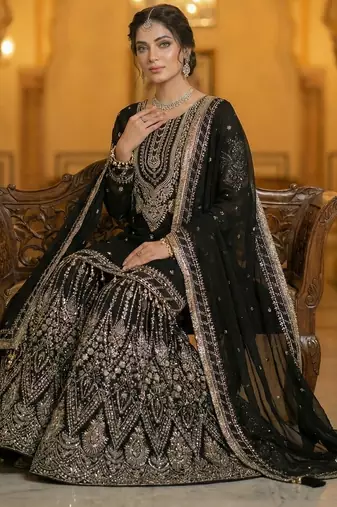 Black faux georgette readymade sharara salwar suit collection