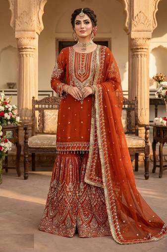 Orange faux georgette readymade sharara salwar suit collection