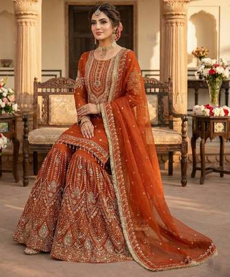 Orange faux georgette readymade sharara salwar suit collection 2