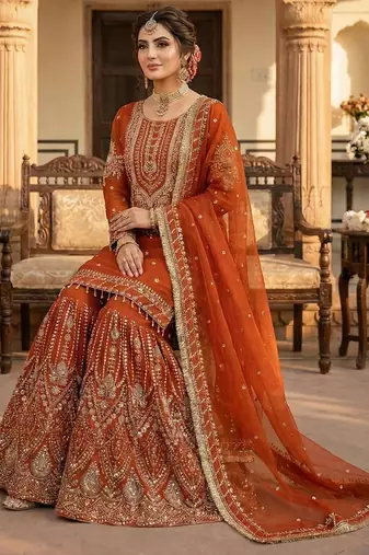 Orange faux georgette readymade sharara salwar suit collection