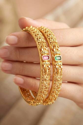 Gold floral temple ad bangle pink green