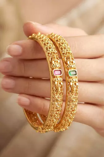 Gold floral temple ad bangle pink green