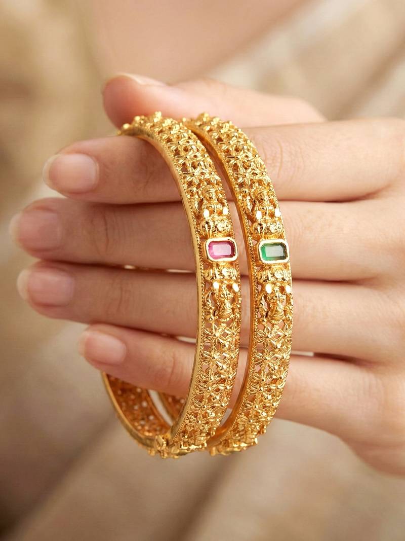 Gold floral temple ad bangle pink green
