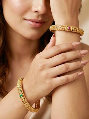Gold floral temple ad bangle pink green 2