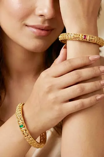 Gold floral temple ad bangle pink green