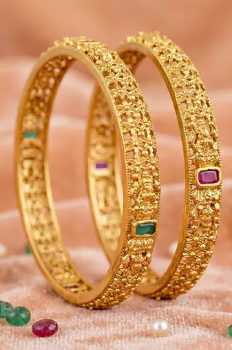 Gold floral temple ad bangle pink green