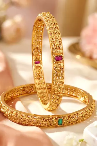 Gold floral temple ad bangle pink green