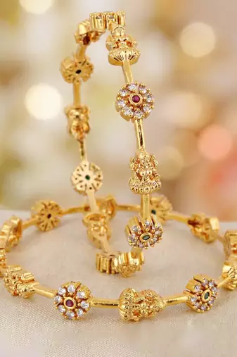 Gold laxmi temple ad bangle pink green