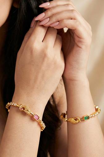 Gold laxmi temple ad bangle pink green