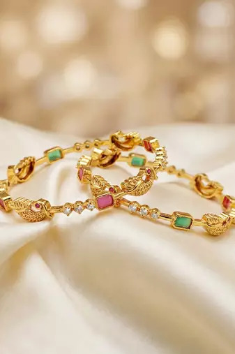 Gold laxmi temple ad bangle pink green