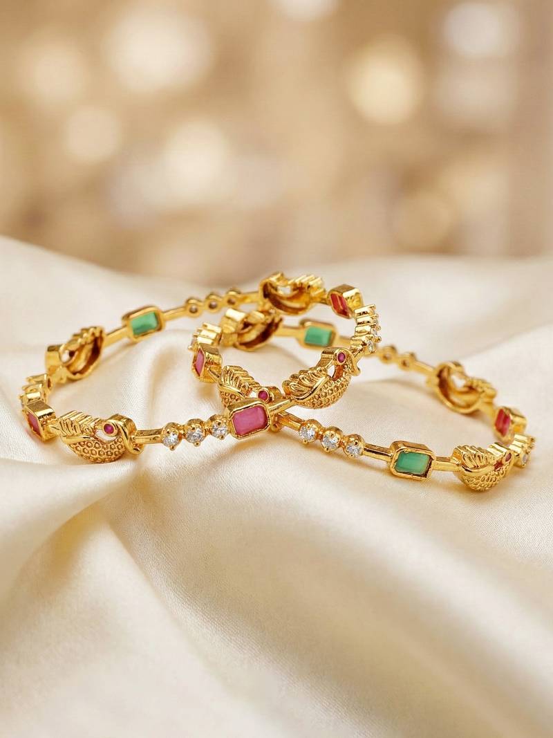 Gold laxmi temple ad bangle pink green