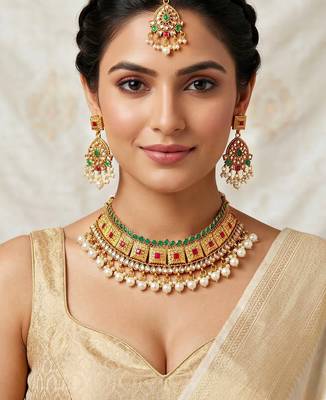 Lucky jewellery gold-plated ruby & green color choker necklace set with tikka 1