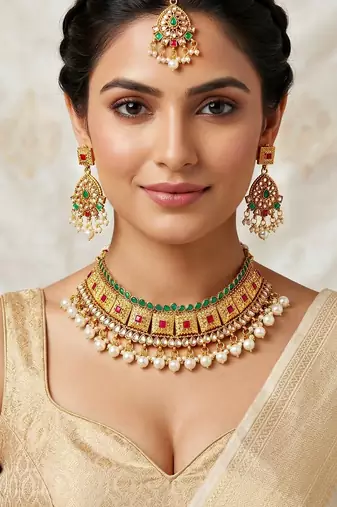 Lucky jewellery gold-plated ruby & green color choker necklace set with tikka