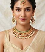 Lucky jewellery gold-plated ruby & green color choker necklace set with tikka