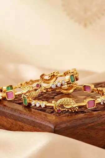 Gold laxmi temple ad bangle pink green