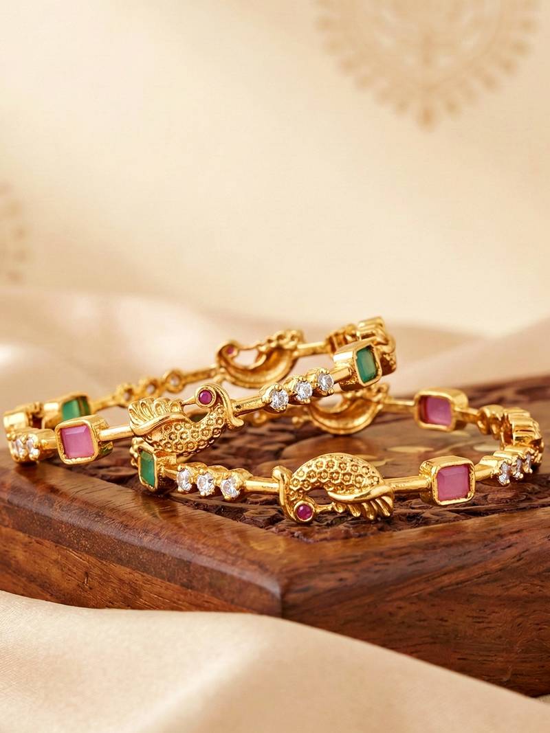 Gold laxmi temple ad bangle pink green