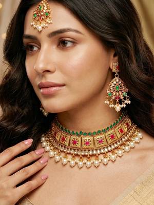 Lucky jewellery gold-plated ruby & green color choker necklace set with tikka 2