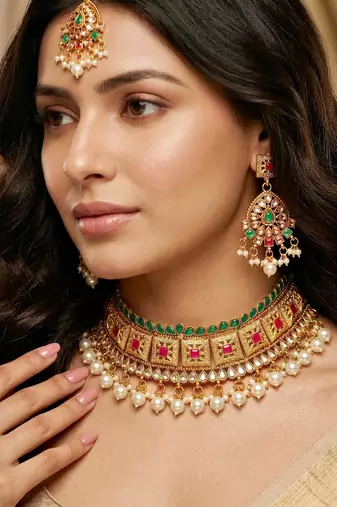 Lucky jewellery gold-plated ruby & green color choker necklace set with tikka