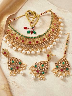 Lucky jewellery gold-plated ruby & green color choker necklace set with tikka 3