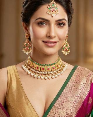 Lucky jewellery gold-plated ruby & green color choker necklace set with tikka 4