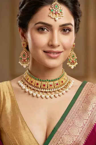 Lucky jewellery gold-plated ruby & green color choker necklace set with tikka
