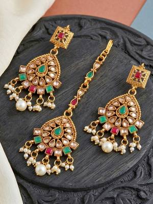Lucky jewellery gold-plated ruby & green color choker necklace set with tikka 5