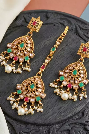 Lucky jewellery gold-plated ruby & green color choker necklace set with tikka