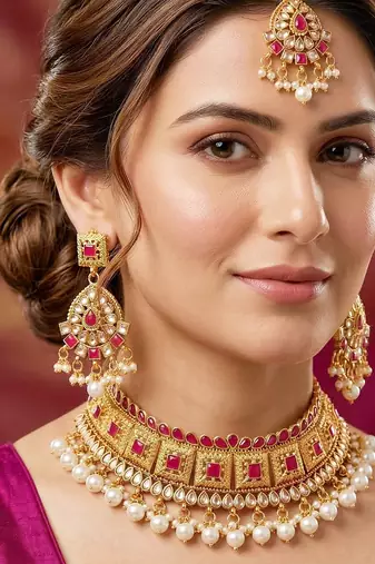 Lucky jewellery gold-plated ruby color choker necklace set with tikka