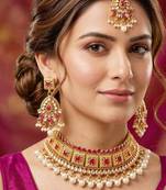 Lucky jewellery gold-plated ruby color choker necklace set with tikka