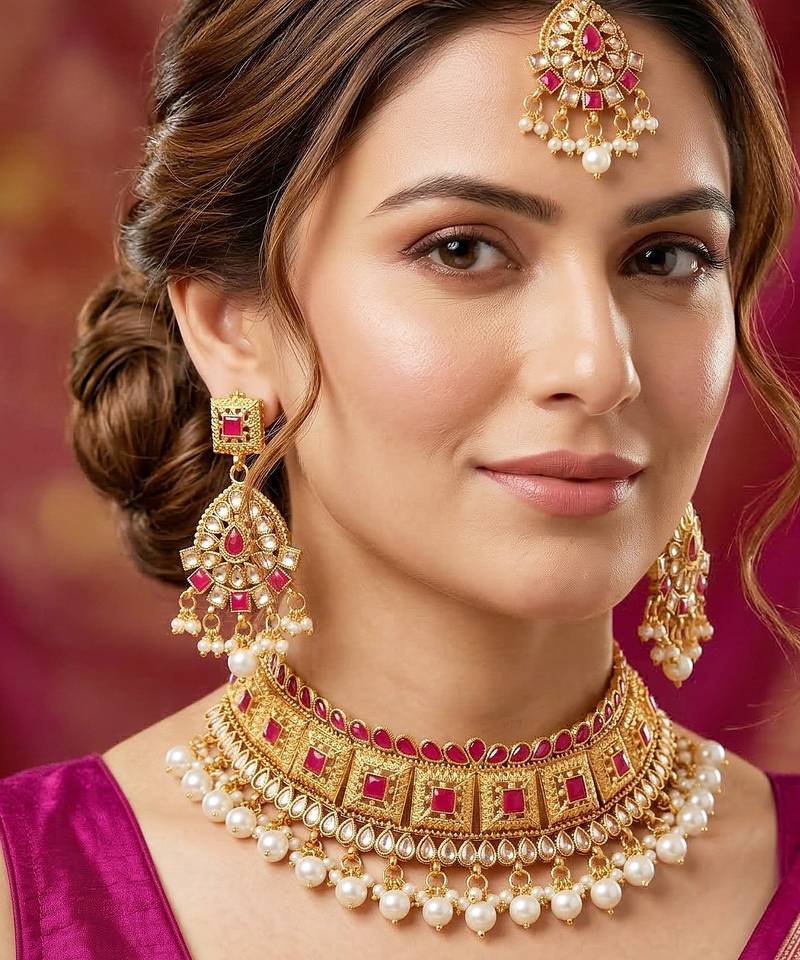 Lucky jewellery gold-plated ruby color choker necklace set with tikka