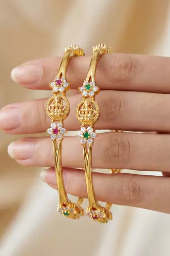 Gold laxmi temple ad bangle pink green