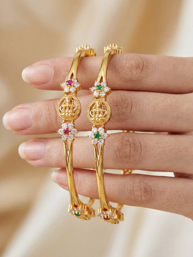 Gold laxmi temple ad bangle pink green