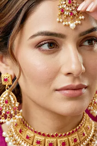 Lucky jewellery gold-plated ruby color choker necklace set with tikka