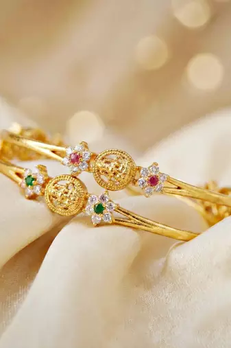 Gold laxmi temple ad bangle pink green