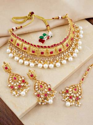 Lucky jewellery gold-plated ruby color choker necklace set with tikka 3