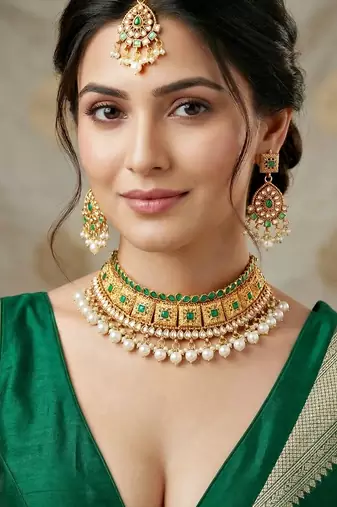 Lucky jewellery gold-plated green color choker necklace set with tikka