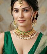 Lucky jewellery gold-plated green color choker necklace set with tikka