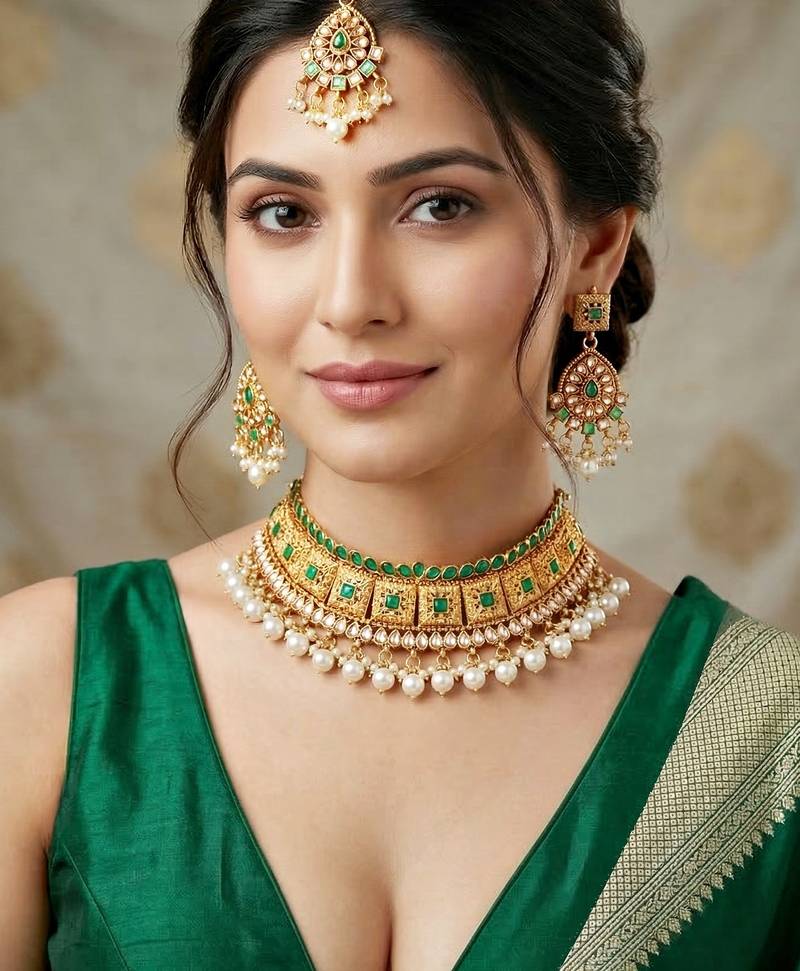 Lucky jewellery gold-plated green color choker necklace set with tikka