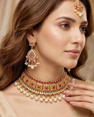 Lucky jewellery gold-plated ruby color choker necklace set with tikka 4